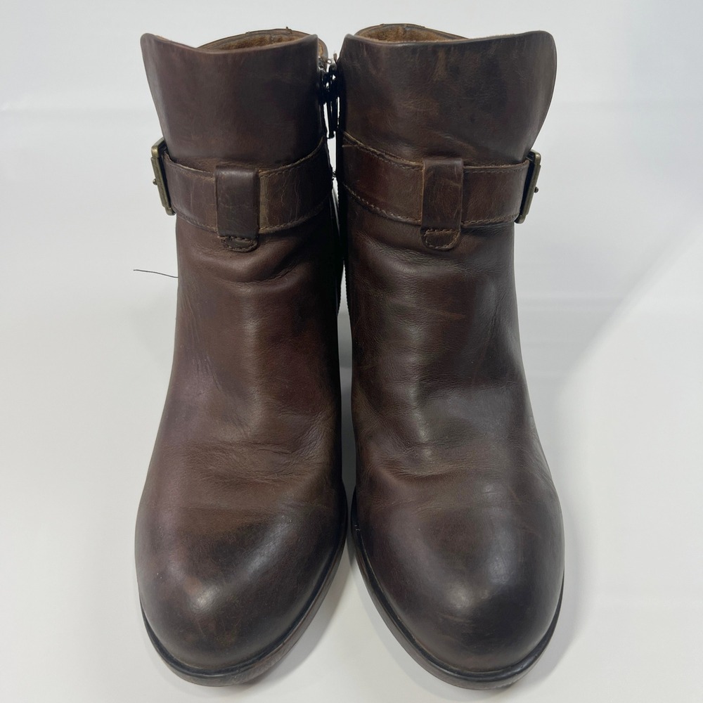B.O.C by Born Brown Leather Buckle Ankle Boots 8.5 Block Heel Side Zip Booties - Picture 3 of 8